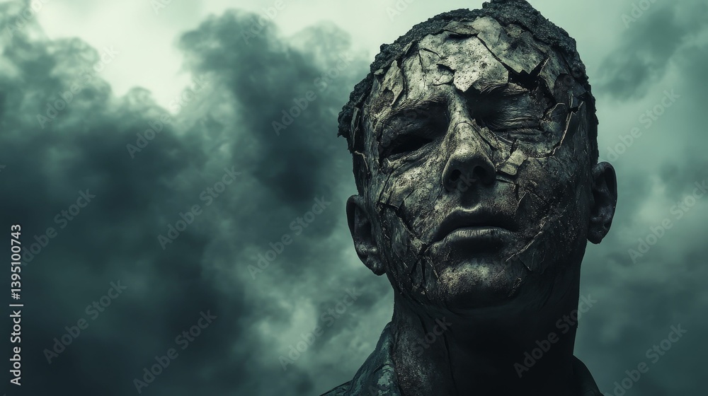 Man with cracked skin texture against a stormy sky portrait Man with cracked skin texture against a stormy sky portrait