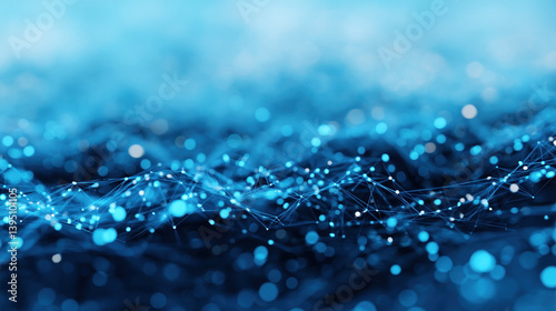 An abstract blue background with shimmering lights and interconnected lines, creating a sense of depth and digital connectivity.