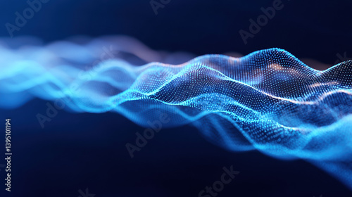A mesmerizing wave of blue particles simulating sound or data visualization, set against a dark background.