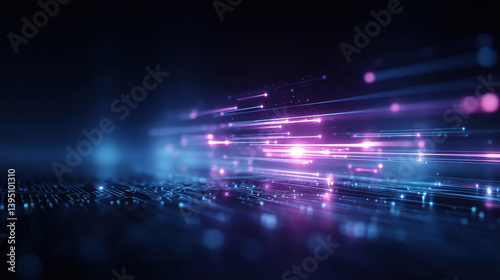A vibrant, digital landscape showcasing streaks of light in shades of blue and purple, reminiscent of futuristic technology and motion.