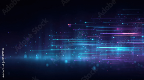 A vibrant abstract background featuring dynamic lines and glowing dots in shades of blue and purple.