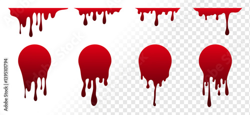 Dripping blood stains, splash circles, splatter on transparent background. Vector illustration