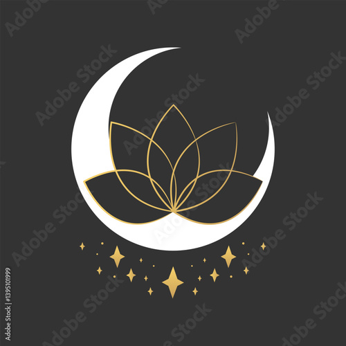 Celestial emblem with lotus flower on crescent decorated with stars. Magical esoteric boho symbol. Vector illustration