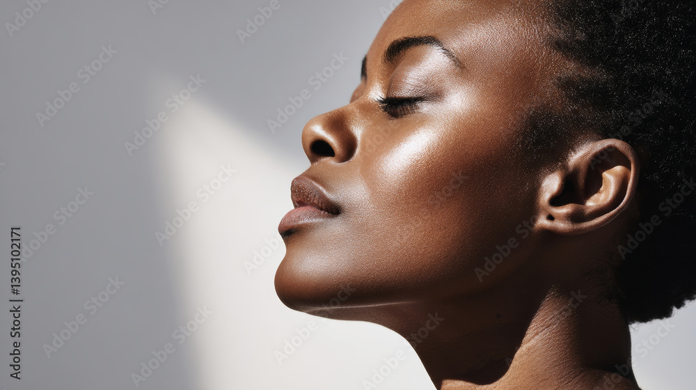 Close-up on hydrated melanin skin (African American woman) for modern skincare brands and campaigns