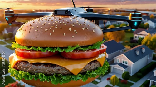 Close-up of a giant juicy cheeseburger with lettuce, tomato, cheese, and beef patty carried by a drone flying over suburban houses during golden hour sunset

 photo