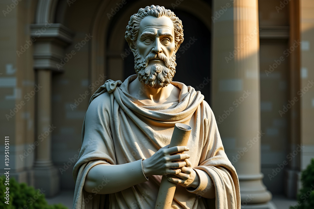 Obraz premium Imposing Lifesize Statue of an Ancient Philosopher, Intricately Detailed and Rich in Historical Significance, Evoking Classical Grandeur and Intellectual Prowess