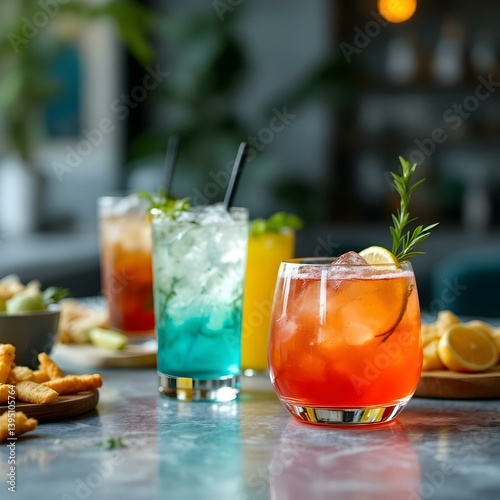 Blurred background of multicolored drinks and minimal food - Happy hour concept with fancy