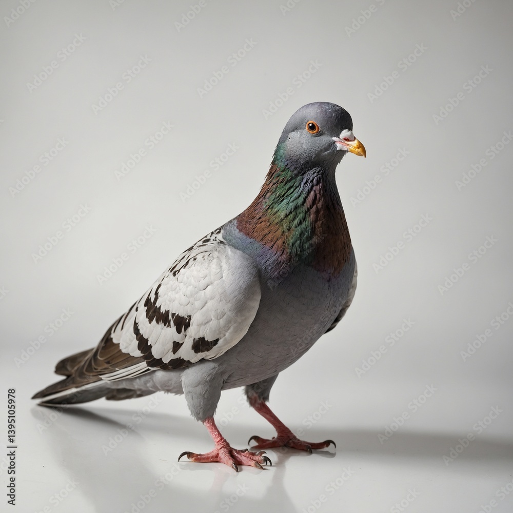 Fototapeta premium A pigeon with a shiny golden beak, standing on a white background.
