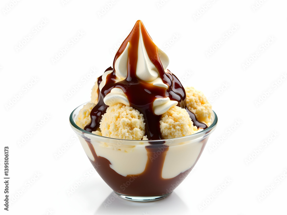 Indulge in Sweetness, A Delicious Vanilla Ice Cream Sundae with Rich Chocolate Sauce in a Glass Bowl Ready to Eat, Dessert Still Life Photography
