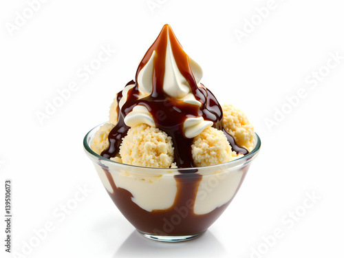 Indulge in Sweetness, A Delicious Vanilla Ice Cream Sundae with Rich Chocolate Sauce in a Glass Bowl Ready to Eat, Dessert Still Life Photography