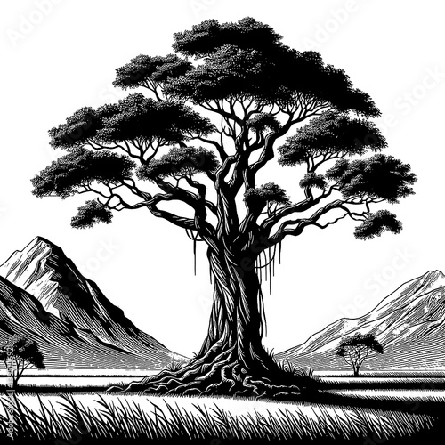 silhouette of banyan tree
