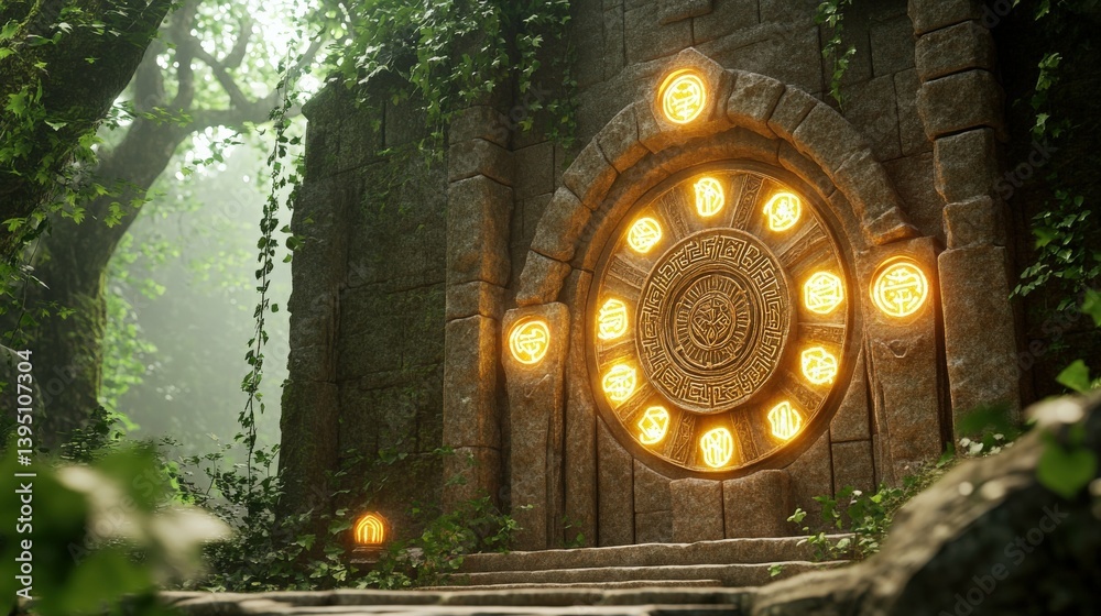 Naklejka premium Mystical wizardas tower hidden within an ancient enchanted forest, glowing runes on stone walls