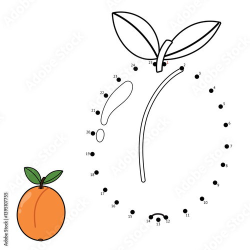 Connect the dots and draw an apricot. Dot to dot game for kids. Funny puzzle activity page with a fruit. Vector illustration