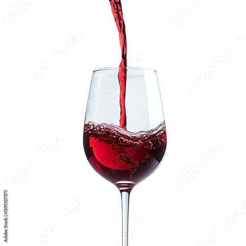 A close-up of red wine being poured into a glass. The splash and flow of the liquid capture a dynamic moment, isolated on fully transparent png background