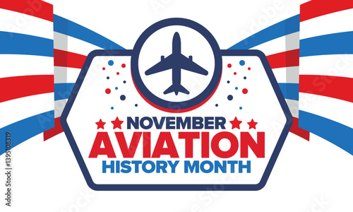 Aviation History Month in United States. Holiday in November. Design with airplane and american flag. Poster, card, banner and background. Vector illustration