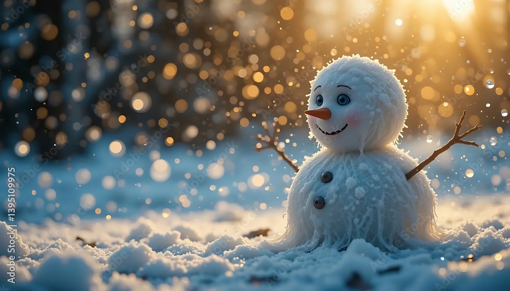 Obraz premium Smiling Snowman with Carrot Nose Standing in Snowy Winter Landscape