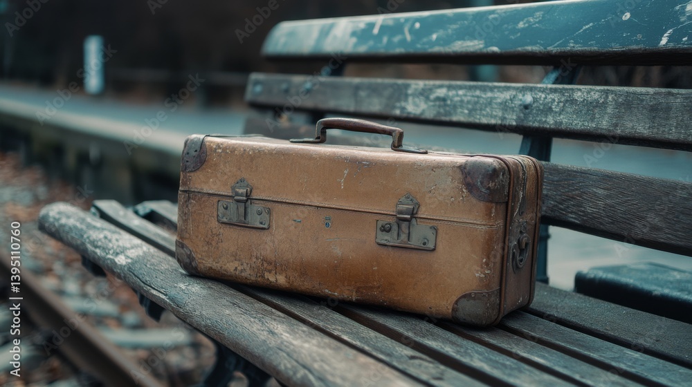 An aged suitcase rests on a weathered bench by the tracks, telling silent stories of journeys past and the passage of time in a nostalgic setting.