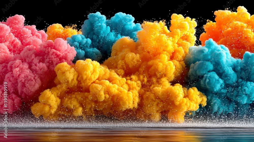 Fototapeta premium Abstract image of vibrant pink, blue, and yellow paint clouds swirling in water with glitter, set against a black background.