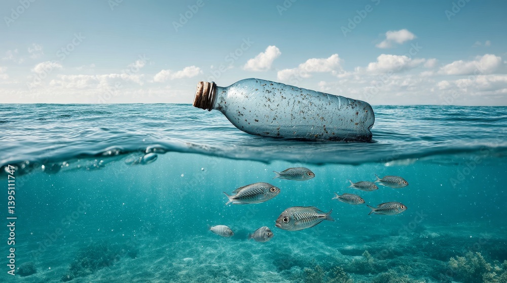 Polluted ocean with floating plastic bottle and fish in endangered marine habitat