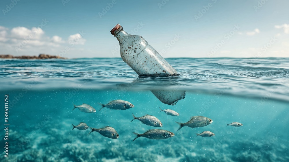 Submerged plastic bottle pollutes tropical ocean waters and threatens underwater life