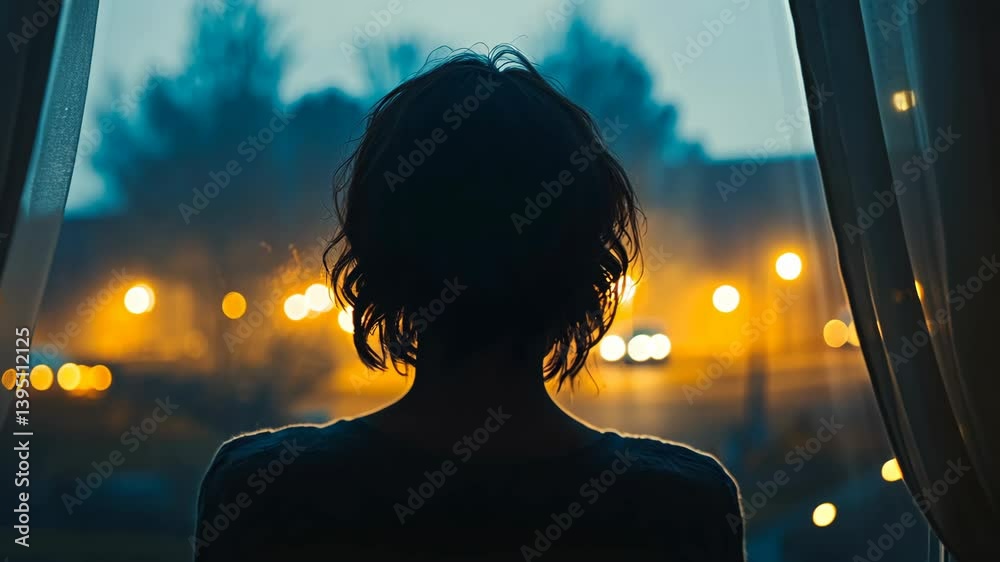 Silhouette of a woman with short hair looking out a window at a city street at night with bokeh lights and an open curtain.