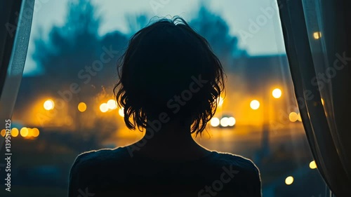 Silhouette of a woman with short hair looking out a window at a city street at night with bokeh lights and an open curtain.
