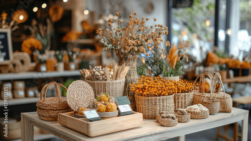 vibrant pop up bazaar featuring temporary stalls filled with artisanal crafts, dried flowers, and handmade goods
