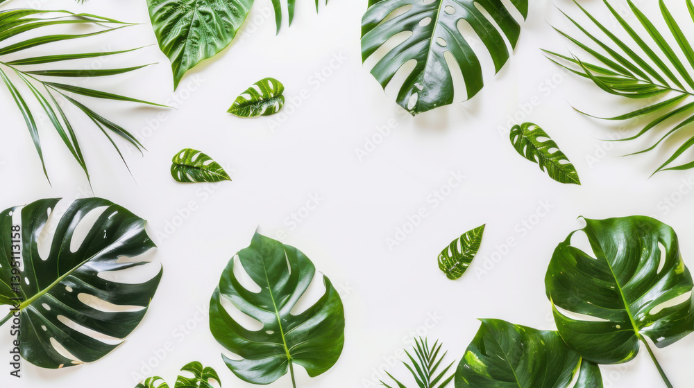 Fototapeta premium Green Leaf Border Frame Layout on White 