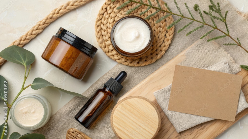 Natural skincare products arranged on a textured surface with greenery accents. Natural skincare products arranged on a textured surface with greenery accents.