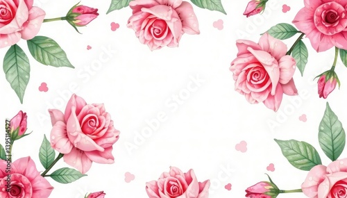 Delicate watercolor roses & leaves, repeat pattern, print, pink, repeat
