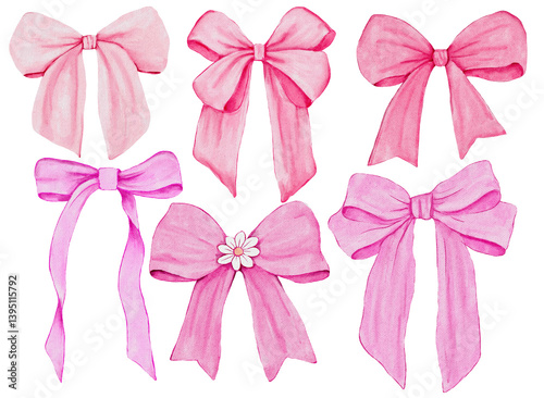 Watercolor set of pink bows illustration. Delicate, feminine ribbon art. Perfect for gifts, decoration, and celebration designs.