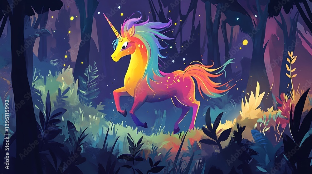 Obraz premium A monster with a rainbow mane prancing in a magical forest 