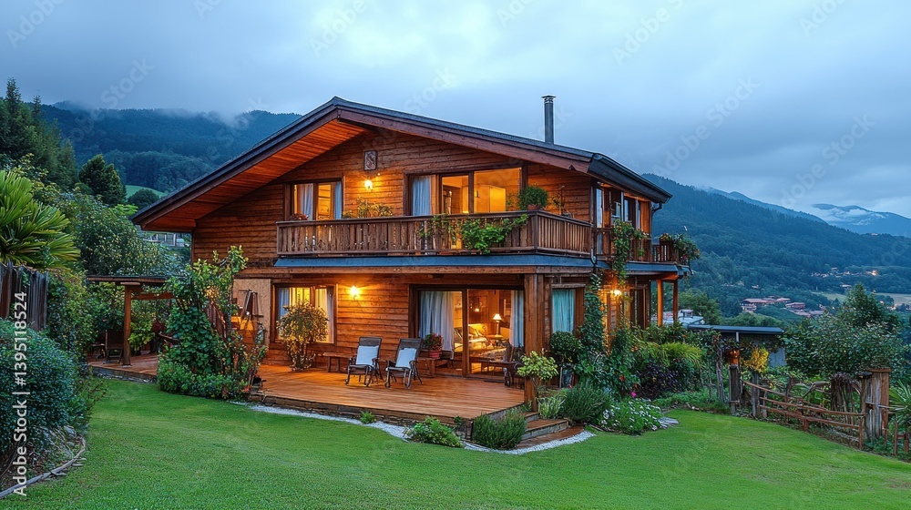 Obraz premium Mountaintop cabin, evening, lit windows, lush garden