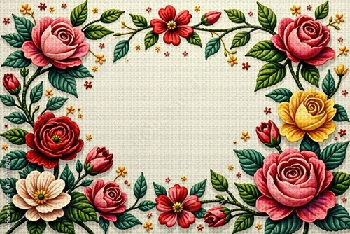 Retro floral cross-stitch sampler, intricate detail, craft, vintage style