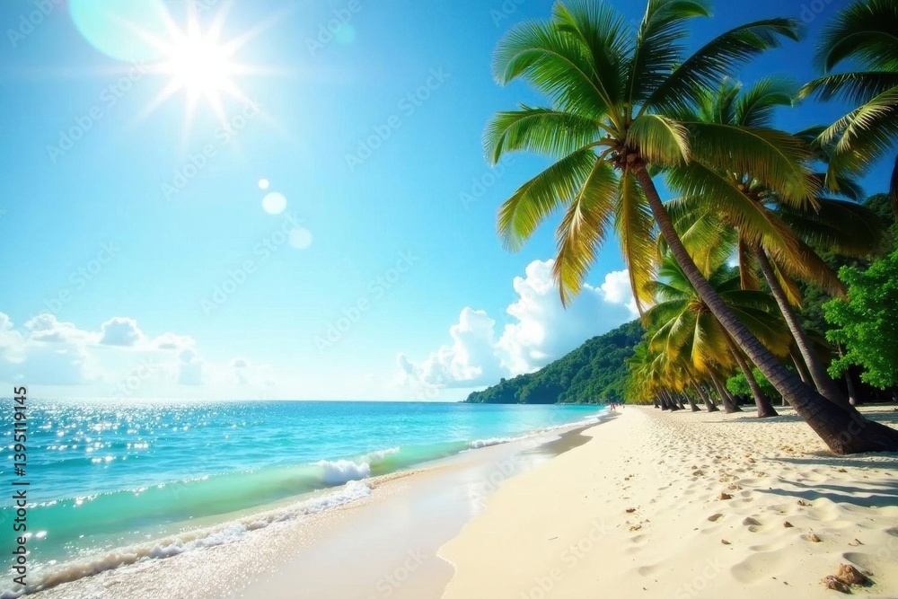 Obraz premium Palm trees sway over pristine beach; gentle waves caress shore , palm trees, tropical paradise, beach