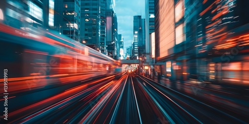 Urban Nightscape with Motion Blur of Train in City Skyline