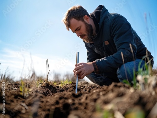 Farmer Testing Soil Outdoors for Sunny Day.