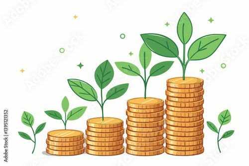 Financial Growth Concept With Money Coin Stacks And Green Plants Representing Investment Returns And Sustainable Development In Business And Finance