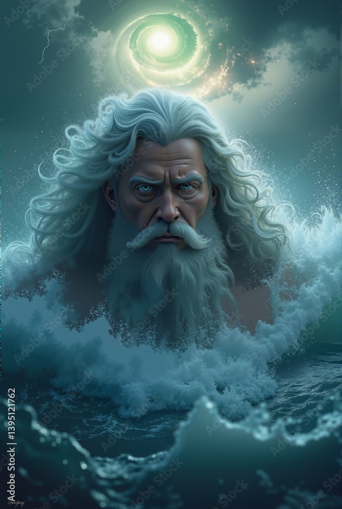 An ancient god stands amidst a stormy sky, illuminated by a radiant halo and the crackling of lightning. AI generation An ancient god stands amidst a stormy sky, illuminated by a radiant halo and the crackling of lightning. AI generation