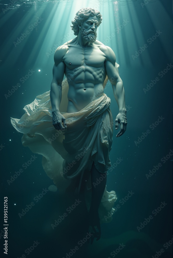A majestic statue of a mythical god stands submerged in the serene depths of the ocean, bathed in ethereal sunlight. AI generation A majestic statue of a mythical god stands submerged in the serene depths of the ocean, bathed in ethereal sunlight. AI generation