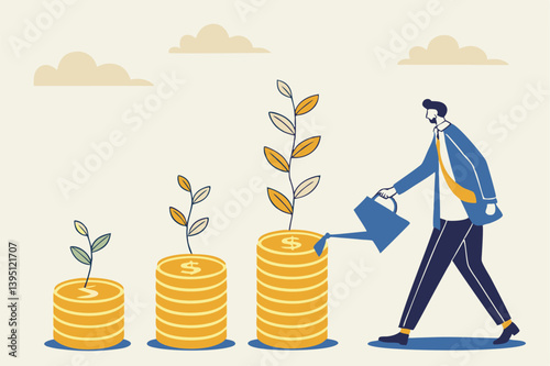 Man Waters Money Plants For Financial Growth Illustration Concept For Investment Savings And Increasing Wealth Represented By Dollar Coins And Foliage