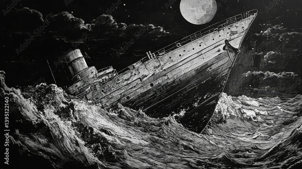Fototapeta premium Ship in rough seas at night with a large moon