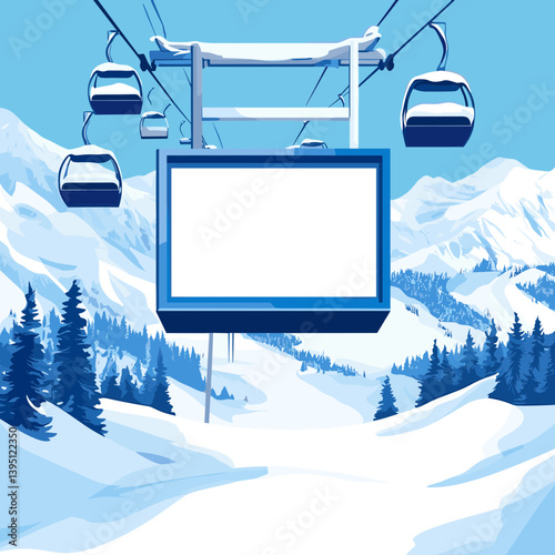 Blank Billboard on Ski Lift in Snowy Mountain Landscape
