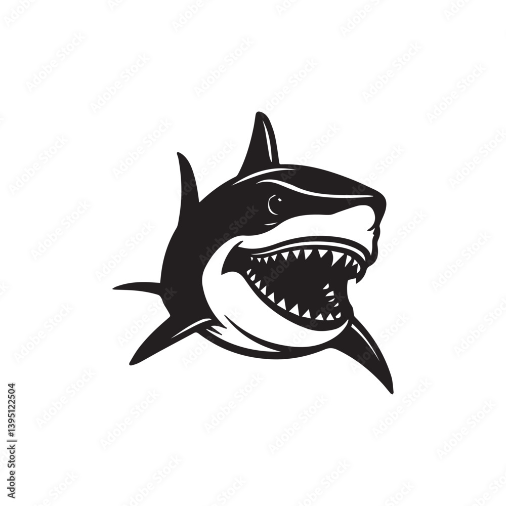 Angry shark cartoon illustration with sharp teeth and monster-like features, isolated on white background, vector design perfect for logo or icon Angry shark cartoon illustration with sharp teeth and monster-like features, isolated on white background, vector design perfect for logo or icon