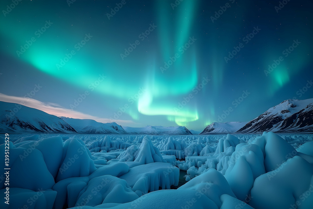 Obraz premium Majestic Aurora Borealis Over Icy Glaciers, A Breathtaking Arctic Landscape Under a Night Sky Filled with the Dancing Northern Lights Displaying Stunning Colors