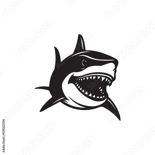 Angry shark cartoon illustration with sharp teeth and monster-like features, isolated on white background, vector design perfect for logo or icon