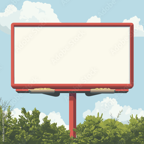 Blank Red Billboard Against a Sunny Sky with Green Bushes