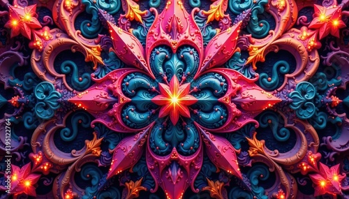 Intricate geometric shapes form complex, repeating designs , intricate, hue