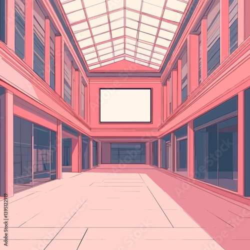 Empty Pink Mall Interior with Glass Roof and Blank Advertisement