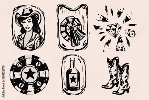 Design a vector illustration of a coquettish cowgirl bachelorette party scene. Include playful elements, suggestive of a fun and flirty celebration.